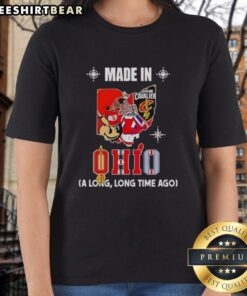 Alt Text: Ladies tee featuring Original Made in Ohio State Buckeyes and Cleveland Cavaliers mashup logo design.