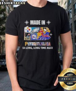 Alt Text: Original Made In Pennsylvania A Long Long Time Ago State Mashup Logo T-Shirt featuring vintage design and vibrant colors.