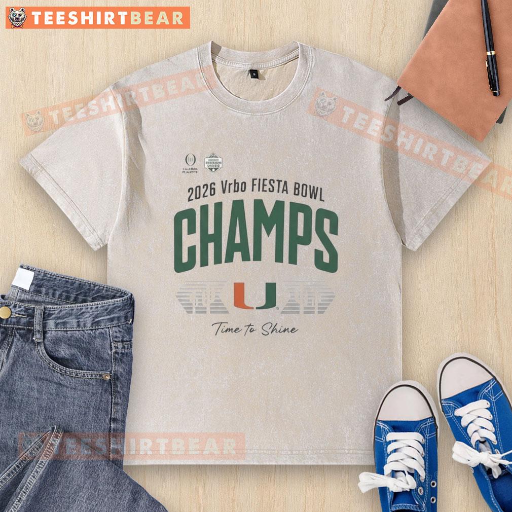 original-miami-hurricanes-2026-fiesta-bowl-champs-time-to-shine-washed-t-shirt Alt Text: Original Miami Hurricanes 2026 Fiesta Bowl Champs washed t-shirt featuring vibrant team colors and logo.