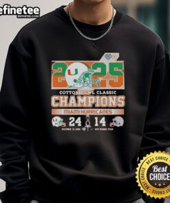 Original Miami Hurricanes Cotton Bowl champions sweatshirt featuring score of 25-14 against Ohio State Buckeyes, 2025.