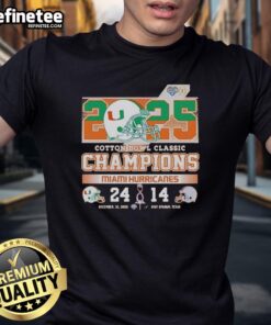 Original Miami Hurricanes vs Ohio State Buckeyes Cotton Bowl Champions 2025 helmet T-shirt featuring score 25-14.