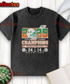 Original Miami Hurricanes Cotton Bowl champions t-shirt featuring score 25-14 against Ohio State Buckeyes, 2025.