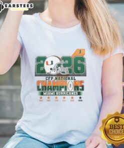 Alt Text: Original Miami Hurricanes CFP National Champions 2026 helmet design on a stylish ladies tee shirt.