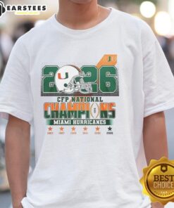 Original Miami Hurricanes CFP National Champions 2026 helmet T-shirt featuring vibrant team colors and logo.