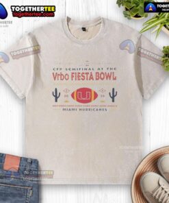 Original Miami Hurricanes CFP Semifinal Vrbo Fiesta Bowl 2026 washed t-shirt featuring team logo and vibrant colors.