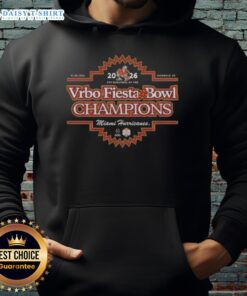 Original Miami Hurricanes Football Team 2026 Vrbo Fiesta Bowl Champions Hoodie showcasing team pride and vibrant colors.