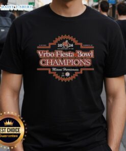 Original Miami Hurricanes Football Team 2026 Vrbo Fiesta Bowl Champions T-Shirt featuring team logo and winning design.