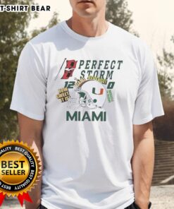 Alt Text: Original Miami Hurricanes Helmet T-Shirt featuring Perfect Storm Revenge and How Sweet It Is design.