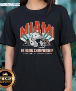 Alt Text: Original Miami Hurricanes Team 2026 CFP National Championship Game ladies tee featuring Indiana Hoosiers helmet design.