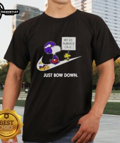 Original Minnesota Vikings Are Number One Just Bow Down Snoopy T-Shirt featuring Snoopy in Vikings gear, perfect for fans.