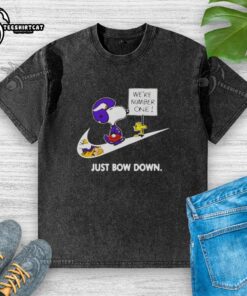 Original Minnesota Vikings Are Number One Just Bow Down Snoopy washed t-shirt showcasing team spirit and playful design.