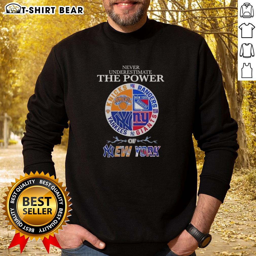 Original Never Underestimate The Power Of New York City Sports Logos Combine Sweatshirt Original Never Underestimate The Power Of New York City Sports Logos Combine Sweatshirt featuring iconic NYC sports logos.