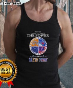 Alt Text: Original NYC sports logos combine tank top showcasing vibrant designs and the phrase 'Never Underestimate the Power'