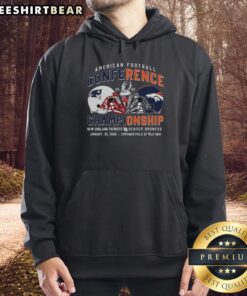 Alt Text: Original New England Patriots vs Denver Broncos helmet hoodie showcasing team logos for the 2025 American Football Conference.