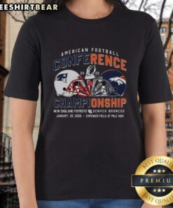 Alt Text: 2025 New England Patriots vs Denver Broncos American Football Conference helmet design on a ladies tee.