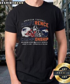 Alt Text: Original New England Patriots vs Denver Broncos 2025 American Football Conference helmet T-shirt design.