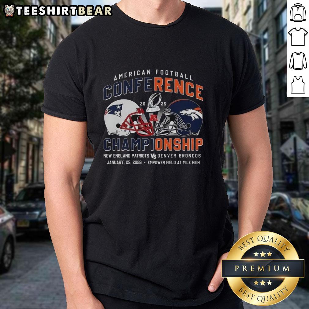 original-new-england-patriots-vs-denver-broncos-american-football-conference-2025-helmet-t-shirt Alt Text: Original New England Patriots vs Denver Broncos 2025 American Football Conference helmet T-shirt design.