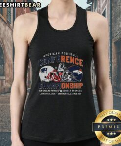 Alt Text: Original New England Patriots vs Denver Broncos 2025 helmet tank top, showcasing team logos and vibrant design.