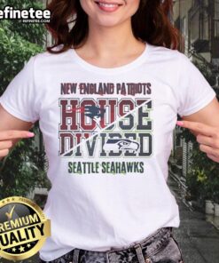 Original New England Patriots vs Seattle Seahawks house divided ladies tee featuring team logos and vibrant colors.