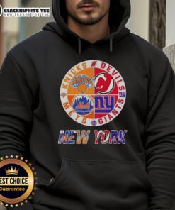Alt Text: Original New York City sports hoodie featuring Knicks, Devils, Giants, and Mets logos in a stylish design.