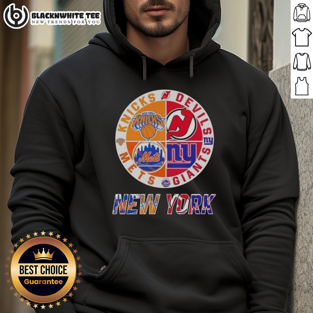Original New York City Sports Knicks Devils Giants Mets Logos Combine Hoodie Alt Text: Original New York City sports hoodie featuring Knicks, Devils, Giants, and Mets logos in a stylish design.