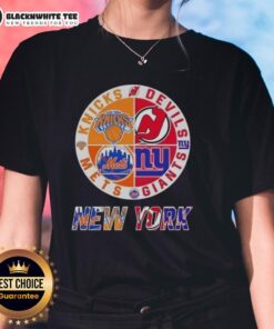 Alt Text: Original New York City sports logos: Knicks, Devils, Giants, Mets combined on a ladies tee shirt.