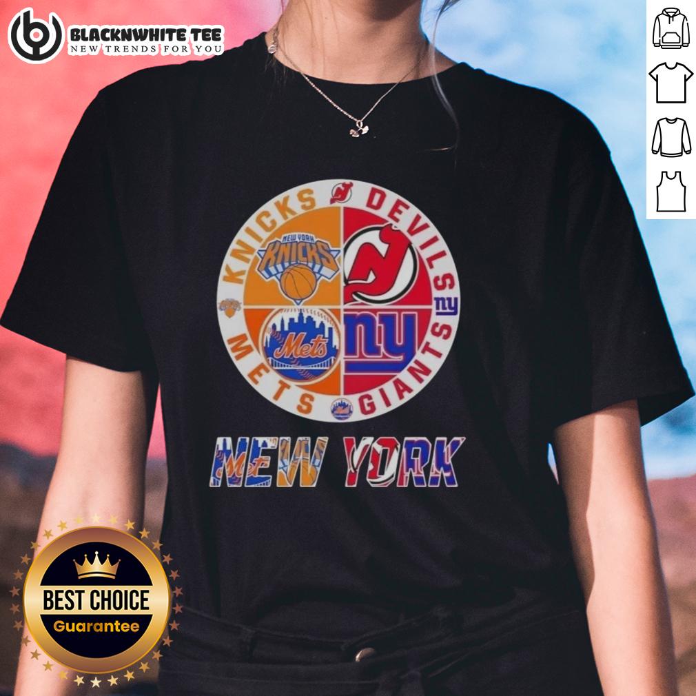 Original New York City Sports Knicks Devils Giants Mets Logos Combine Ladies-Tee Alt Text: Original New York City sports logos: Knicks, Devils, Giants, Mets combined on a ladies tee shirt.