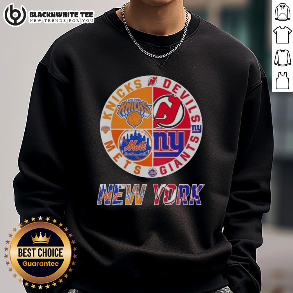 Original New York City Sports Knicks Devils Giants Mets Logos Combine Sweatshirt Alt Text: Original New York City sports sweatshirt featuring logos of Knicks, Devils, Giants, and Mets in a stylish design.