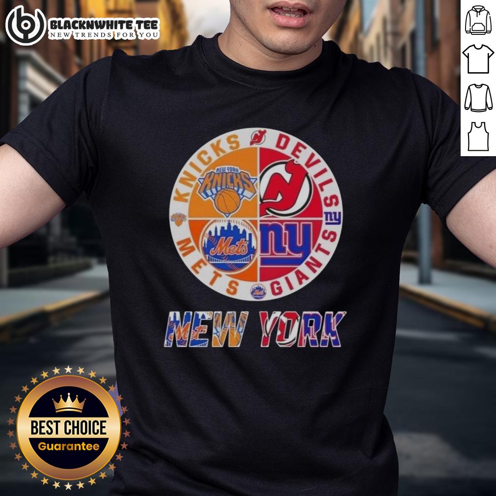 Original New York City Sports Knicks Devils Giants Mets Logos Combine T Shirt Alt Text: Original New York City Sports t-shirt featuring Knicks, Devils, Giants, and Mets logos in a stylish design.