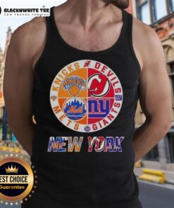 Original New York City Sports tank top featuring logos of Knicks, Devils, Giants, and Mets in a stylish design.