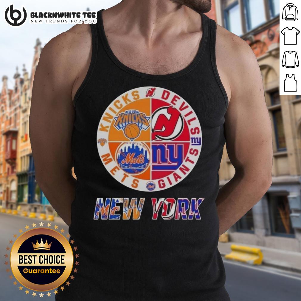 Original New York City Sports Knicks Devils Giants Mets Logos Combine Tank Top Original New York City Sports tank top featuring logos of Knicks, Devils, Giants, and Mets in a stylish design.