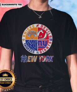 Alt Text: Original New York City sports logos for Knicks, Devils, Giants, and Yankees on a ladies tee shirt design.