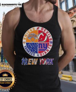 Original New York City sports tank top featuring Knicks, Devils, Giants, and Yankees logos in a stylish design.