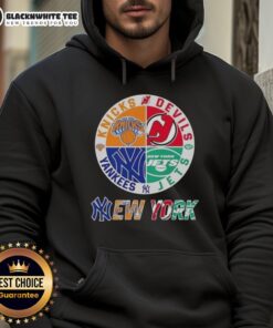 Original New York City Sports hoodie featuring Knicks, Devils, Jets, and Yankees logos in a stylish design.