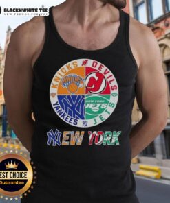 Original New York City Sports tank top featuring Knicks, Devils, Jets, and Yankees logos in a stylish design.