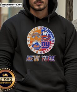 Alt Text: Original New York City Sports hoodie featuring Knicks, Islanders, Giants, and Mets logos in a stylish design.