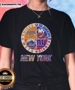Original New York City sports logos for Knicks, Islanders, Giants, and Mets on a ladies tee shirt design.