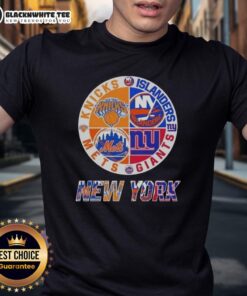 Original New York City Sports t-shirt featuring Knicks, Islanders, Giants, and Mets logos combined for fans.