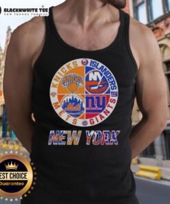 Original New York City Sports tank top featuring Knicks, Islanders, Giants, and Mets logos for fans and sports lovers.