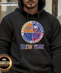 Original New York City sports hoodie featuring Knicks, Islanders, Giants, and Yankees logos for fans.