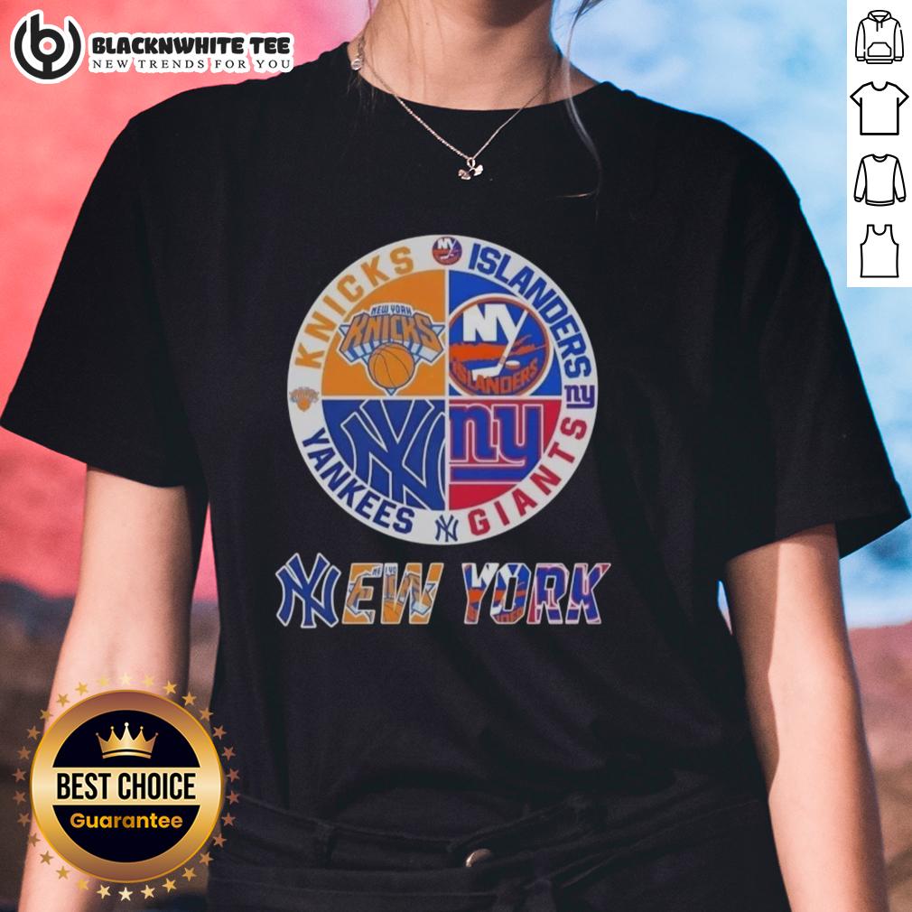 Original New York City Sports Knicks Islanders Giants Yankees Logos Combine Ladies-Tee Original New York City sports logos for Knicks, Islanders, Giants, and Yankees on a ladies tee shirt.