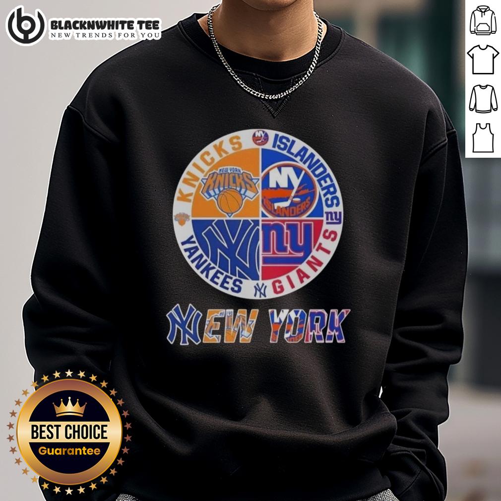 Original New York City Sports Knicks Islanders Giants Yankees Logos Combine Sweatshirt Original New York City Sports sweatshirt featuring Knicks, Islanders, Giants, and Yankees logos in a stylish design.