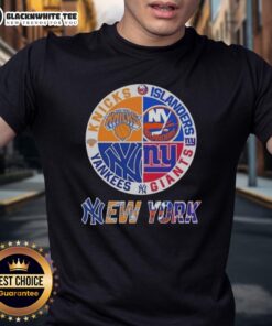 Alt Text: Original New York City Sports T-Shirt featuring Knicks, Islanders, Giants, and Yankees logos combined in one design.