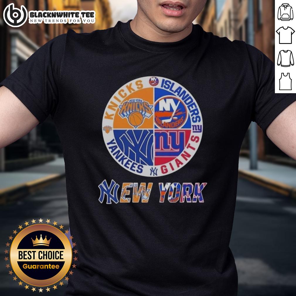 Original New York City Sports Knicks Islanders Giants Yankees Logos Combine T-Shirt Alt Text: Original New York City Sports T-Shirt featuring Knicks, Islanders, Giants, and Yankees logos combined in one design.