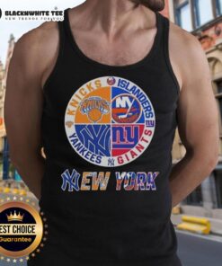 Original New York City sports team logos for Knicks, Islanders, Giants, and Yankees on a stylish tank top.