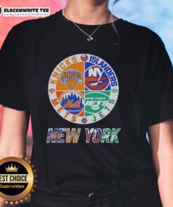 Original New York City sports logos for Knicks, Islanders, Jets, and Mets on a ladies tee shirt.