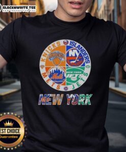 Original New York City Sports T-Shirt featuring Knicks, Islanders, Jets, and Mets logos in a stylish design.