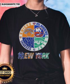 Alt Text: Original New York City Sports logos for Knicks, Islanders, Jets, and Yankees on a ladies tee shirt.