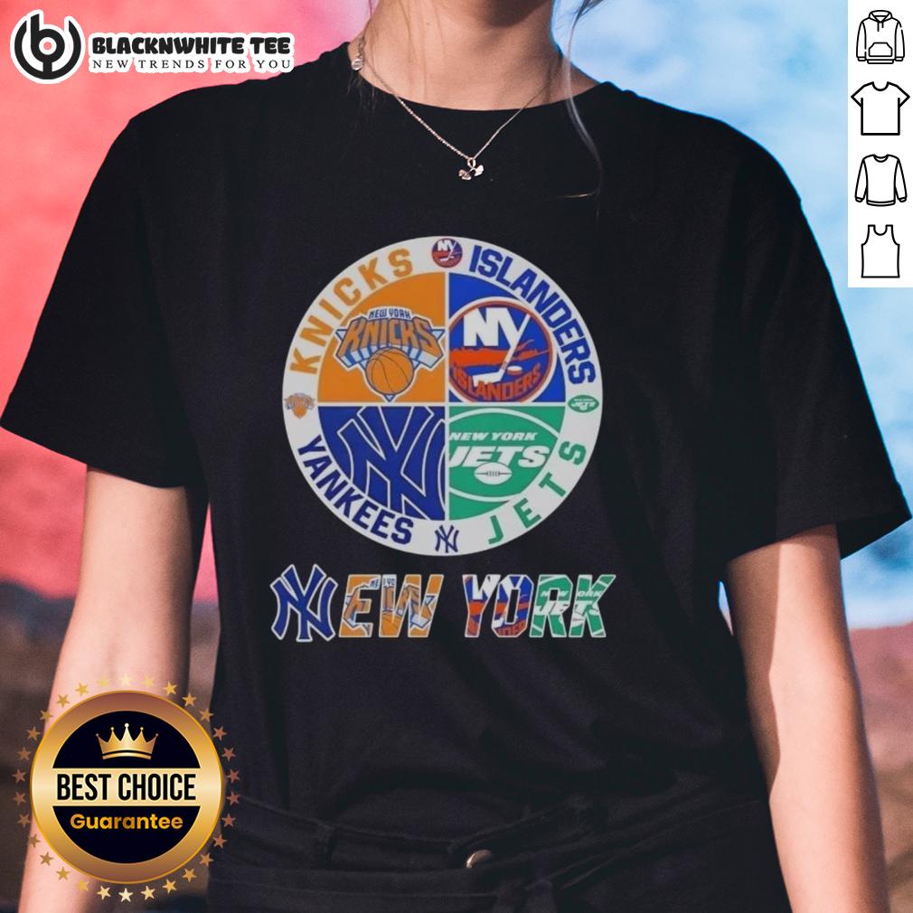 Original New York City Sports Knicks Islanders Jets Yankees Logos Combine Ladies-Tee Alt Text: Original New York City Sports logos for Knicks, Islanders, Jets, and Yankees on a ladies tee shirt.