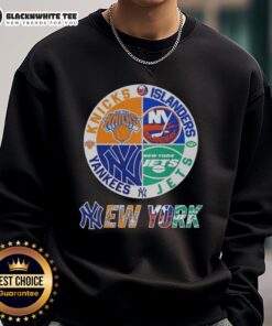 Alt Text: Original New York City sports sweatshirt featuring Knicks, Islanders, Jets, and Yankees logos in a stylish design.